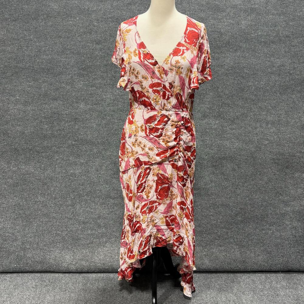 Parker Dress Womens 12 Pink Multicolor Floral Silk Wrap Flutter Hi Low Maxi Gown